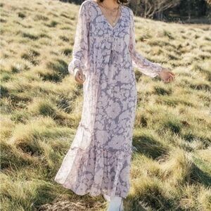 Lovestitch Pink Gray Floral Maxi Dress Boho Cottagecore Peasant Size M